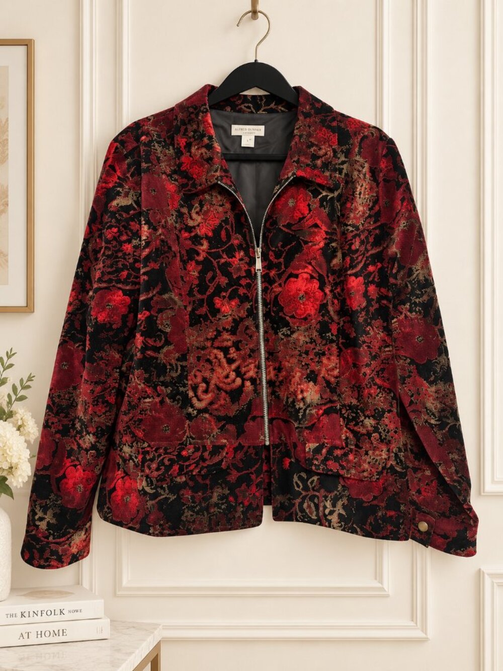 Christopher & Banks XL Red Black Floral Velvet Zip Jacket